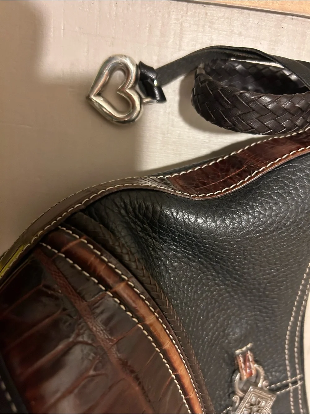 Brighton Vintage Black Pebbled Leather & Brown Croc Hobo Shoulder Bag Purse